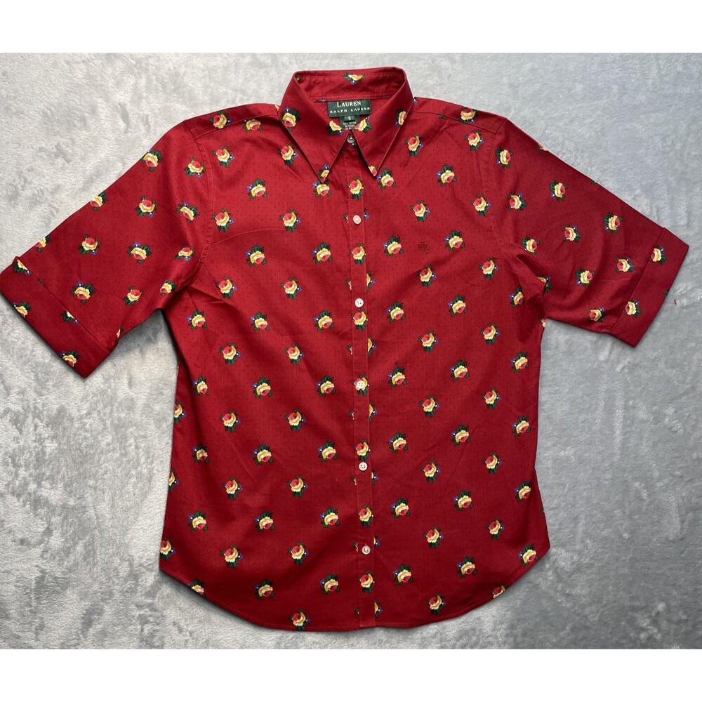 Lauren Ralph Lauren Top Women' Small Red Floral Short Sleeve Button Up UEC